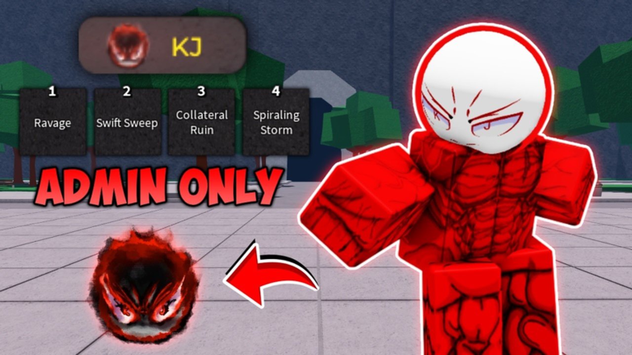KJ Test Roblox screenshot of KJ with Ravage, Swift Sweep, Collateral Ruin, and Spiraling Storm on the skill bar